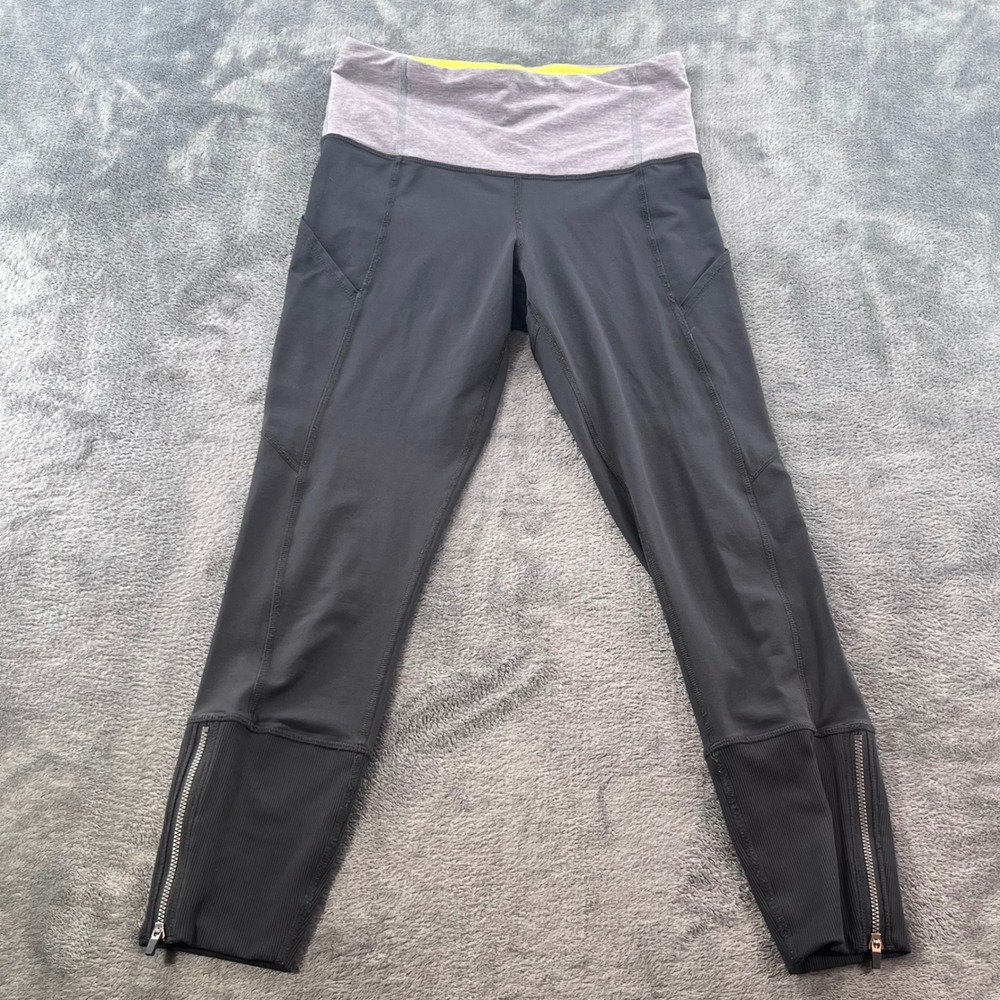 Lululemon Black Grey Ribbed Ankle Zip Leggings Pockets Womens Size 4